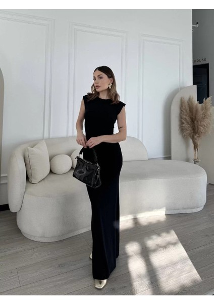 Kolsuz Uzun Likralı Elbise - Siyah indirimleri