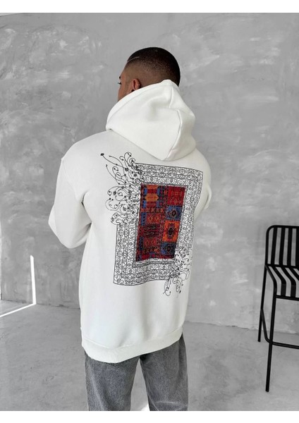Uzun Kol Kapüşonlu Ön ve Arka Baskılı Sweatshirt - Beyaz