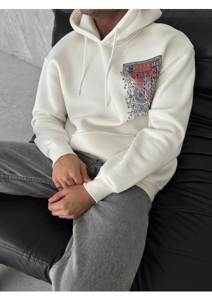 Uzun Kol Kapüşonlu Ön ve Arka Baskılı Sweatshirt - Beyaz fiyatları