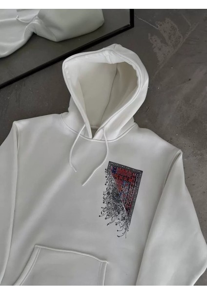 Uzun Kol Kapüşonlu Ön ve Arka Baskılı Sweatshirt - Beyaz fırsatları
