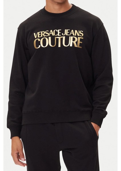 Erkek Regular Fit Altın Rengi Varak Baskı Logolu Bisiklet Yaka Sweatshirt - Siyah