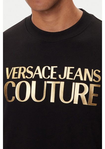 Erkek Regular Fit Altın Rengi Varak Baskı Logolu Bisiklet Yaka Sweatshirt - Siyah modelleri