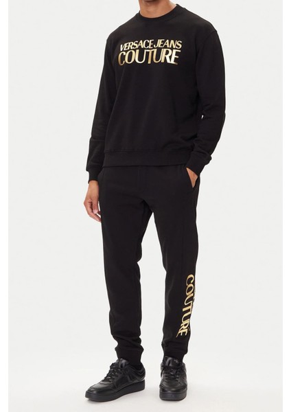 Erkek Regular Fit Altın Rengi Varak Baskı Logolu Bisiklet Yaka Sweatshirt - Siyah indirimleri