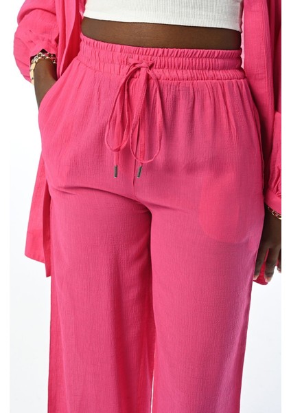 Kadın Rahat Kalıp Bol Paça Beli Lastikli Düz Renk Pantolon modelleri