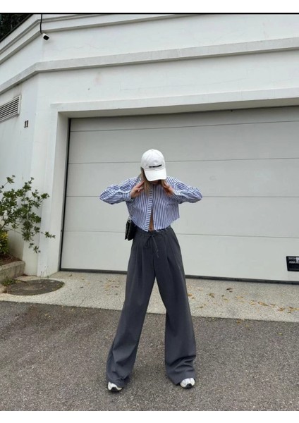 Bağcıklı Palazzo Bol Paça Pantolon - Gri modelleri