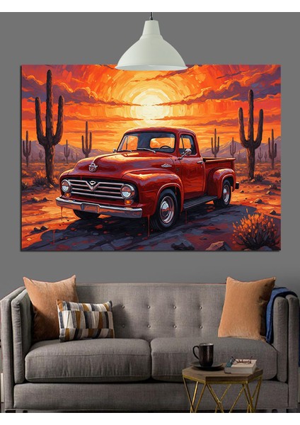 Kırmızı Klasik Kamyonet Gün Batımı Dekoratif Kanvas - Mdf Ahşap Tablo fiyatları