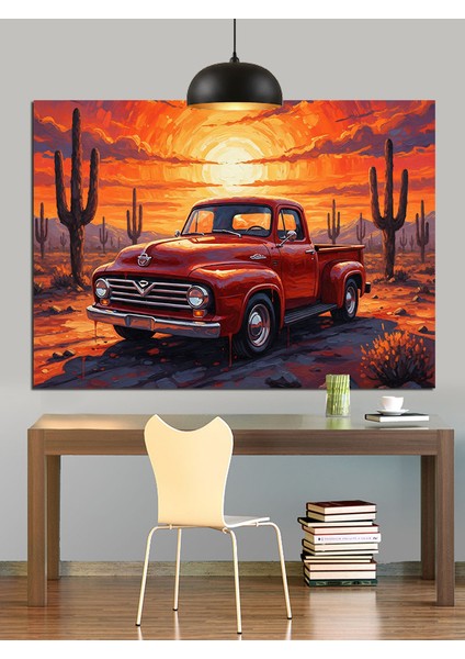 Kırmızı Klasik Kamyonet Gün Batımı Dekoratif Kanvas - Mdf Ahşap Tablo modelleri