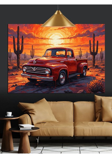 Kırmızı Klasik Kamyonet Gün Batımı Dekoratif Kanvas - Mdf Ahşap Tablo indirimleri