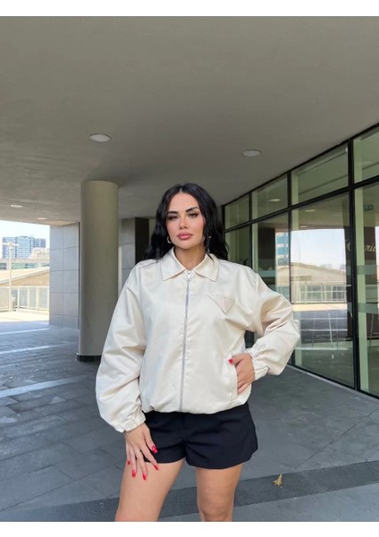 Fermuarlı Gömlek Yaka Bomber Ceket - Beyaz fırsatları