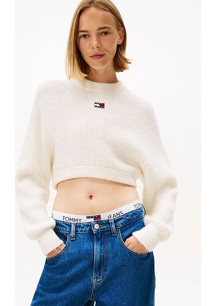 Kadın Boxy Fit Yün Karışımlı Düşük Omuzlu Crop Kazak - Kırık Beyaz