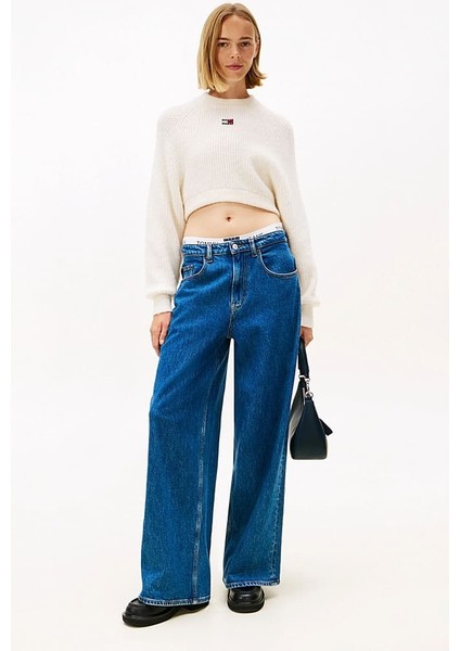 Kadın Boxy Fit Yün Karışımlı Düşük Omuzlu Crop Kazak - Kırık Beyaz fiyatları