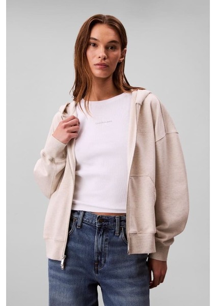 Kadın Regular Fit Fermuarlı Kapüşonlu Sweatshirt - Bej