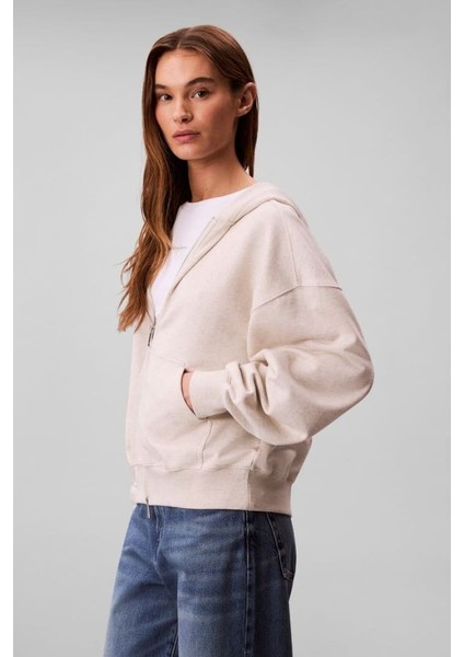 Kadın Regular Fit Fermuarlı Kapüşonlu Sweatshirt - Bej modelleri