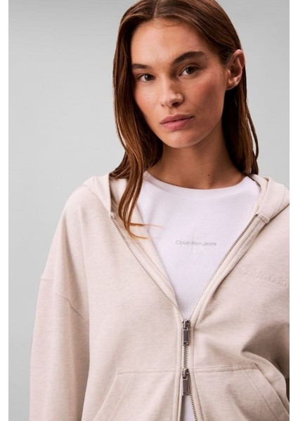 Kadın Regular Fit Fermuarlı Kapüşonlu Sweatshirt - Bej indirimleri