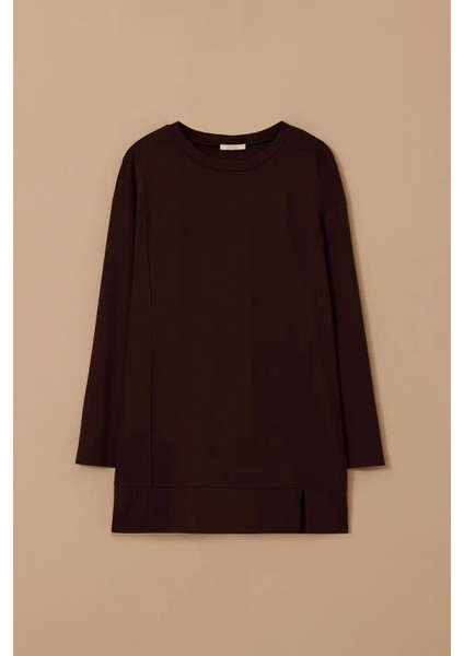 Kadın Büyük Beden Uzun Kollu Basic Tunik - Kahverengi