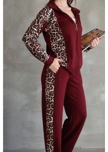 Osy Modal Yumuşak Dokulu Kumaş Kapüşonlu Leopar Desenli Fermuarlı Takım - Bordo modelleri