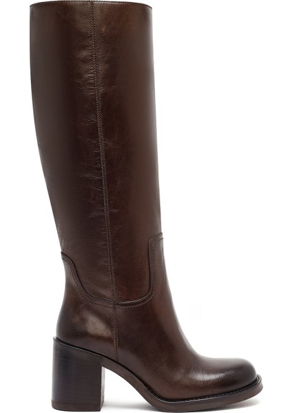 Kadın Kahverengi Fermuarlı Kalın Topuklu Deri Çizme 25WFD282118