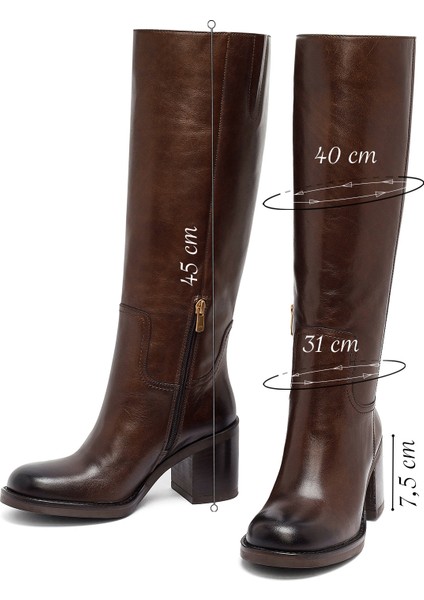 Kadın Kahverengi Fermuarlı Kalın Topuklu Deri Çizme 25WFD282118 fiyatları