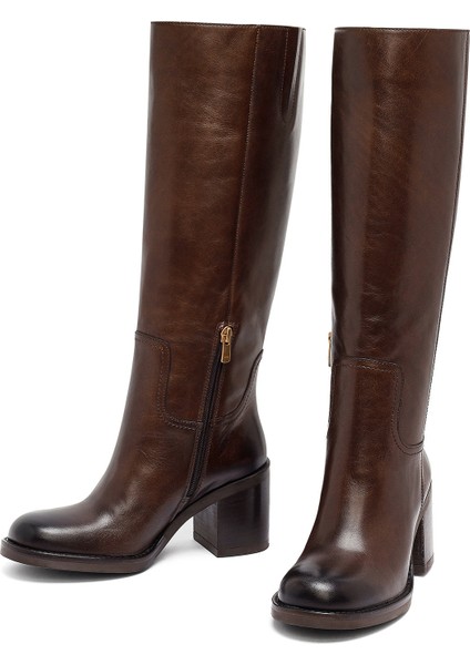 Kadın Kahverengi Fermuarlı Kalın Topuklu Deri Çizme 25WFD282118 modelleri