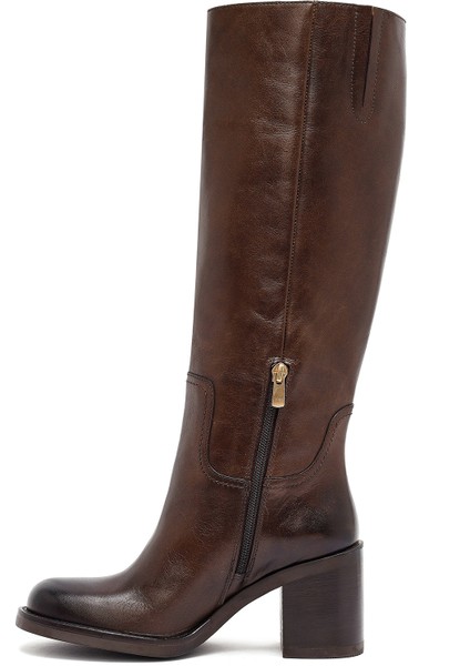 Kadın Kahverengi Fermuarlı Kalın Topuklu Deri Çizme 25WFD282118 fırsatları