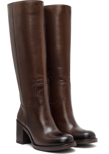 Kadın Kahverengi Fermuarlı Kalın Topuklu Deri Çizme 25WFD282118 indirimleri