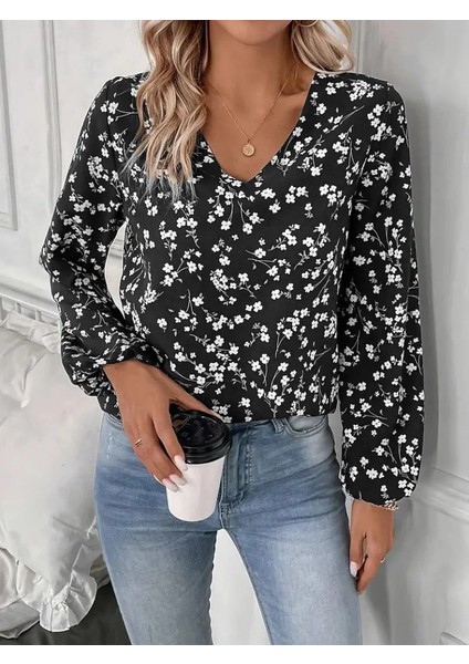 Mdb Kadın Uzun Kollu V Yakalı Çiçek Desenli Modal Bluz