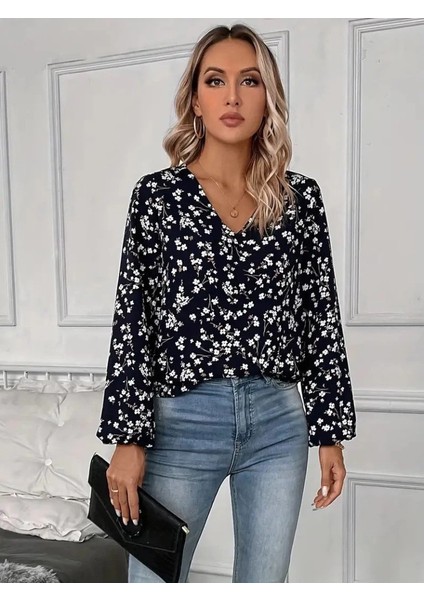 Mdb Kadın Uzun Kollu V Yakalı Çiçek Desenli Modal Bluz indirimleri