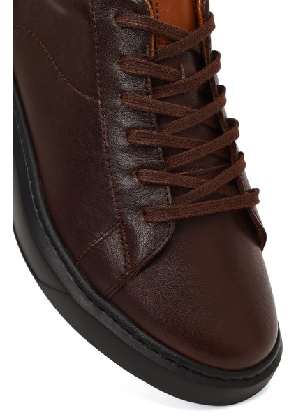 Erkek Kahverengi Bağcıklı Kalın Tabanlı Deri Sneaker 25WFD685318