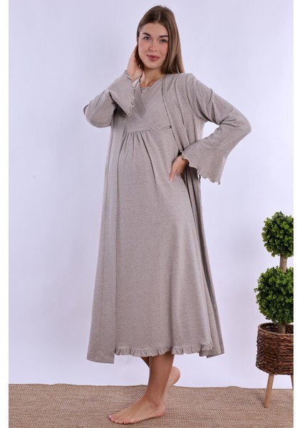 Bej Sabahlıklı Hamile Lohusa Gecelik Takım