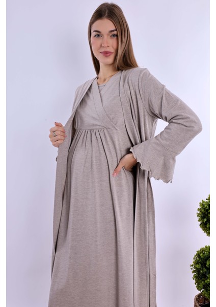 Bej Sabahlıklı Hamile Lohusa Gecelik Takım fiyatları