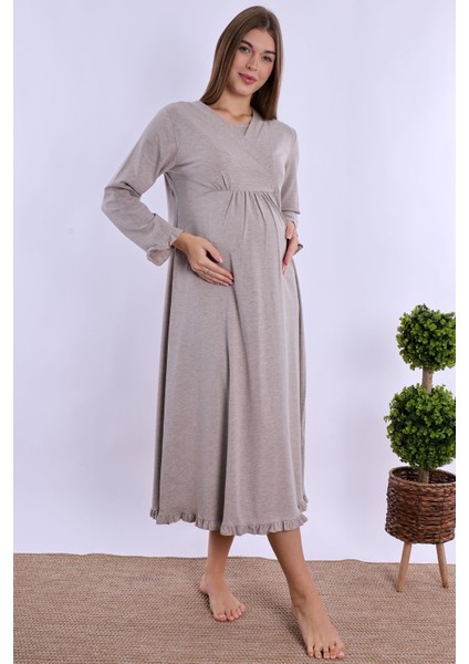 Bej Sabahlıklı Hamile Lohusa Gecelik Takım indirimleri