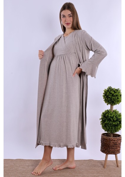 Bej Sabahlıklı Hamile Lohusa Gecelik Takım