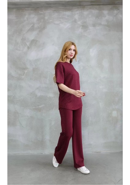 Osy Modal Yumuşak Dokulu Kumaş Bisiklet Yaka Taş Detaylı Kısa Kollu Takım - Bordo