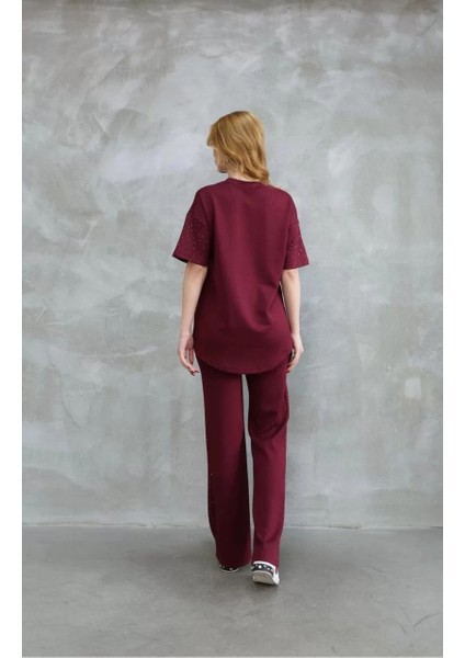 Osy Modal Yumuşak Dokulu Kumaş Bisiklet Yaka Taş Detaylı Kısa Kollu Takım - Bordo fiyatları