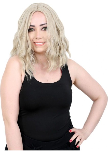 Fiber Sentetik Kısa Dalgalı Perçemsiz Peruk - Balköpüğü / Platin Röfleli