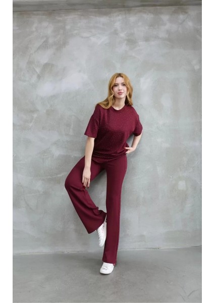 Osy Modal Yumuşak Dokulu Kumaş Bisiklet Yaka Taş Detaylı Kısa Kollu Takım - Bordo modelleri