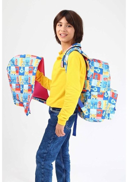 Kids Mavi Çok Renkli Robot Erkek Çocuk Okul Sırt Çantası - Yağmurluk Özellikli