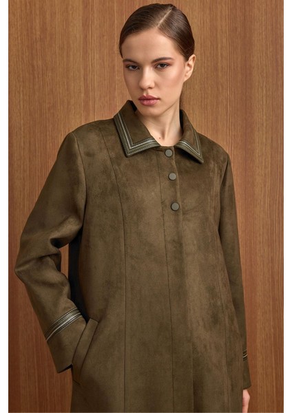 Gömlek Yaka Deri ve Işleme Detaylı Süet Görünümlü Büyük Beden Pardesü K.haki 6798 modelleri