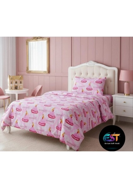 EVRİZON Kız Çocuklarına Özel Prenses Desenli Tek Kişilik Nevresim Takımı