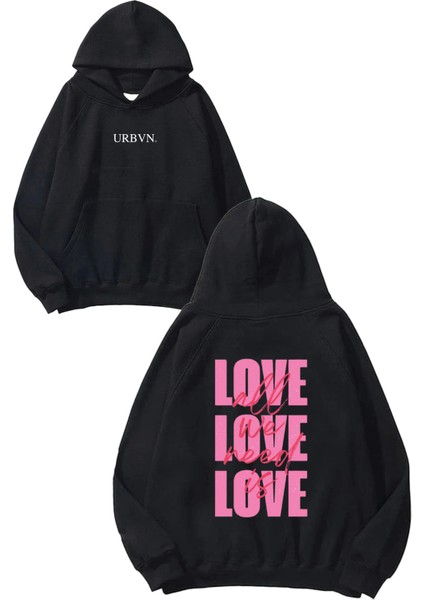 All Need Love Tasarım Baskılı Oversize Siyah Kapüşonlu Sweatshirt