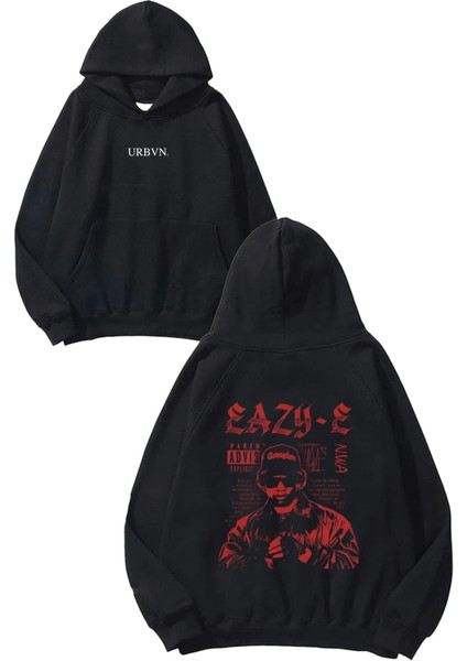 Eazy E Rapper Tasarım Baskılı Oversize Siyah Kapüşonlu Sweatshirt