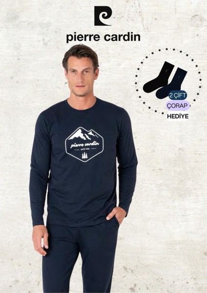Erkek %100 Pamuk Uzun Kollu Desenli Lacivert Pijama Takımı (2 Adet Hediye Çorap) L1.PC.6097.001