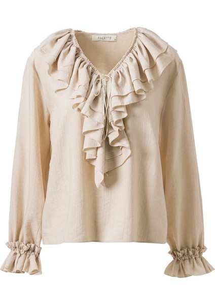 Önden Bağlamalı Fırfırlı Bluz Ekru