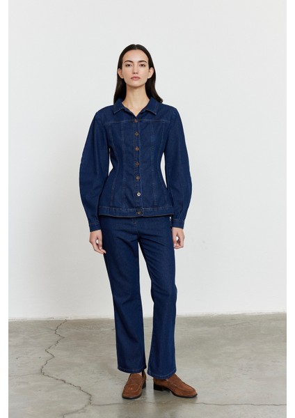 Yüksek Bel Kısa Kesim Çan Paça Jean Mavi