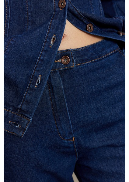 Yüksek Bel Kısa Kesim Çan Paça Jean Mavi fırsatları