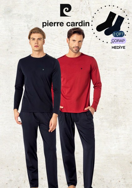 Erkek %100 Pamuk Uzun Kollu Logolu Bordo & Lacivert Iki Adet Pijama Takımı L1.PC.6100.002