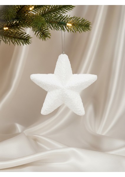 Yılbaşı Ağaç Süsü Kabartma Detaylı Simli Yıldız Dekoratif Süs beyaz 15 cm