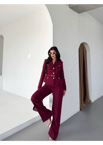 Kadın Kemerli Gold Düğmeli Ceket Palazzo Pantolon Takım Elbise