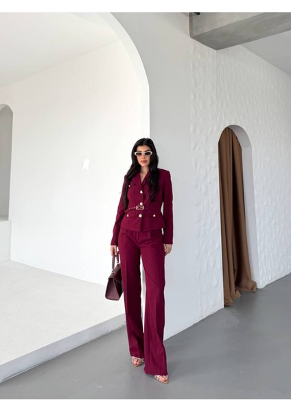 Kadın Kemerli Gold Düğmeli Ceket Palazzo Pantolon Takım Elbise fiyatları