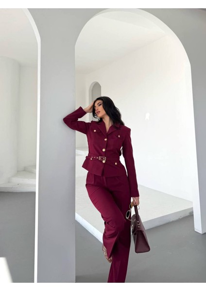 Kadın Kemerli Gold Düğmeli Ceket Palazzo Pantolon Takım Elbise modelleri